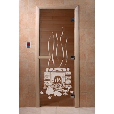 Дверь для бани и сауны DoorWood стекло с рисунком, цвет бронза 180*60 коробка ольха