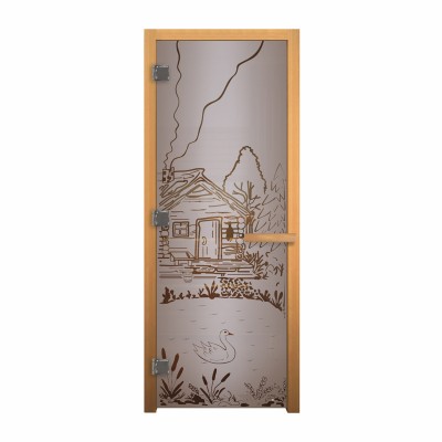 Дверь стеклянная для бани и сауны Сатин Матовая "Банька" 1900х700мм (8мм, 3 петли 710) (Магнит) коробка из осины (левая)
