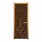 Стеклянная дверь для бани Бронза матовая рисунок Рыбка 1900х700мм осина правая