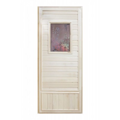 Деревянная дверь для бани со стеклом "Девушка в баньке"