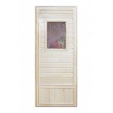 Деревянная дверь для бани со стеклом "Девушка в баньке"