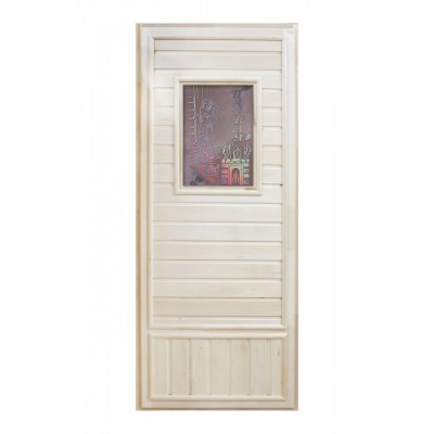 Деревянная дверь для бани со стеклом "Девушка в баньке"