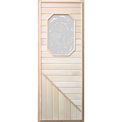 Деревянная дверь для бани с врсьмиугольной вставкой из стекла