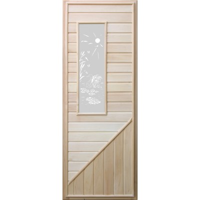 Деревянная дверь для бани с прямоугольной вставкой из стекла