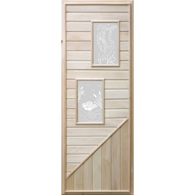Деревянная дверь для бани с двумя прямоугольными вставками из стекла