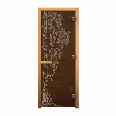 Дверь стеклянная для бани и сауны Бронза "Березка" 1900х700мм (8мм, 3 петли 716 CR) (Магнит) коробка из осины (правая) 